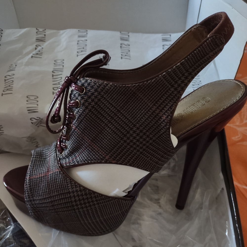 Colin Stuart VS Burgundy Plaid Slingback Peep Toe Heels